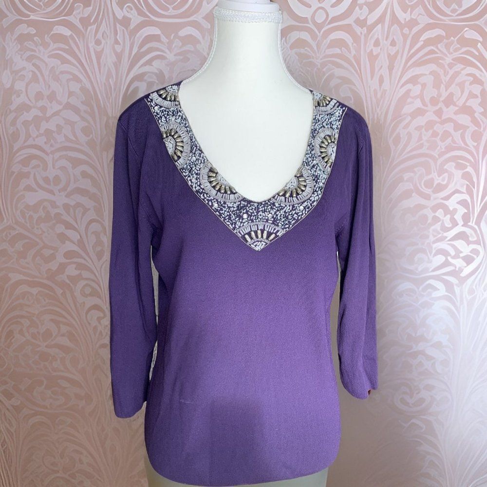 Sweater, EUC, beaded neckline, deep rich purple, 3/4 sleeve, sz Med